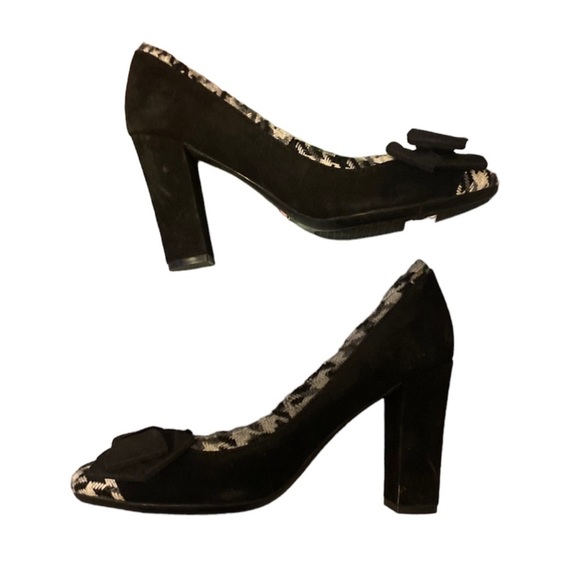 Isaac Mizrahi New York black suede block heels with tweed details - Picture 15 of 15
